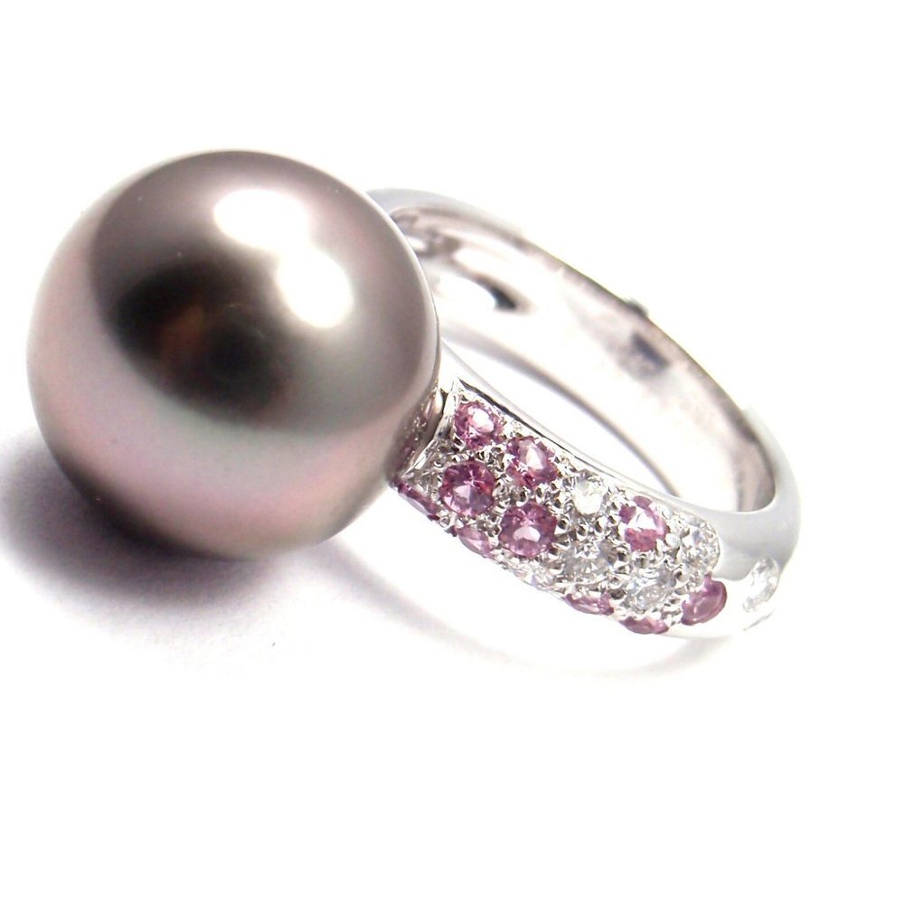 Authentic! Cartier 18k White Gold Tahitian Pearl Diamond Pink Sapphire Ring​